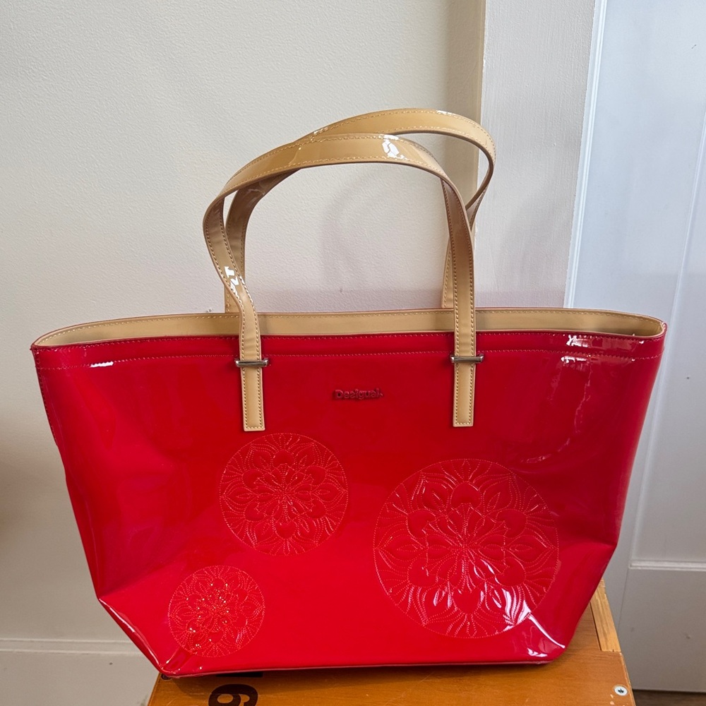 Desigual Vibrant Red Tote with Tan Accents